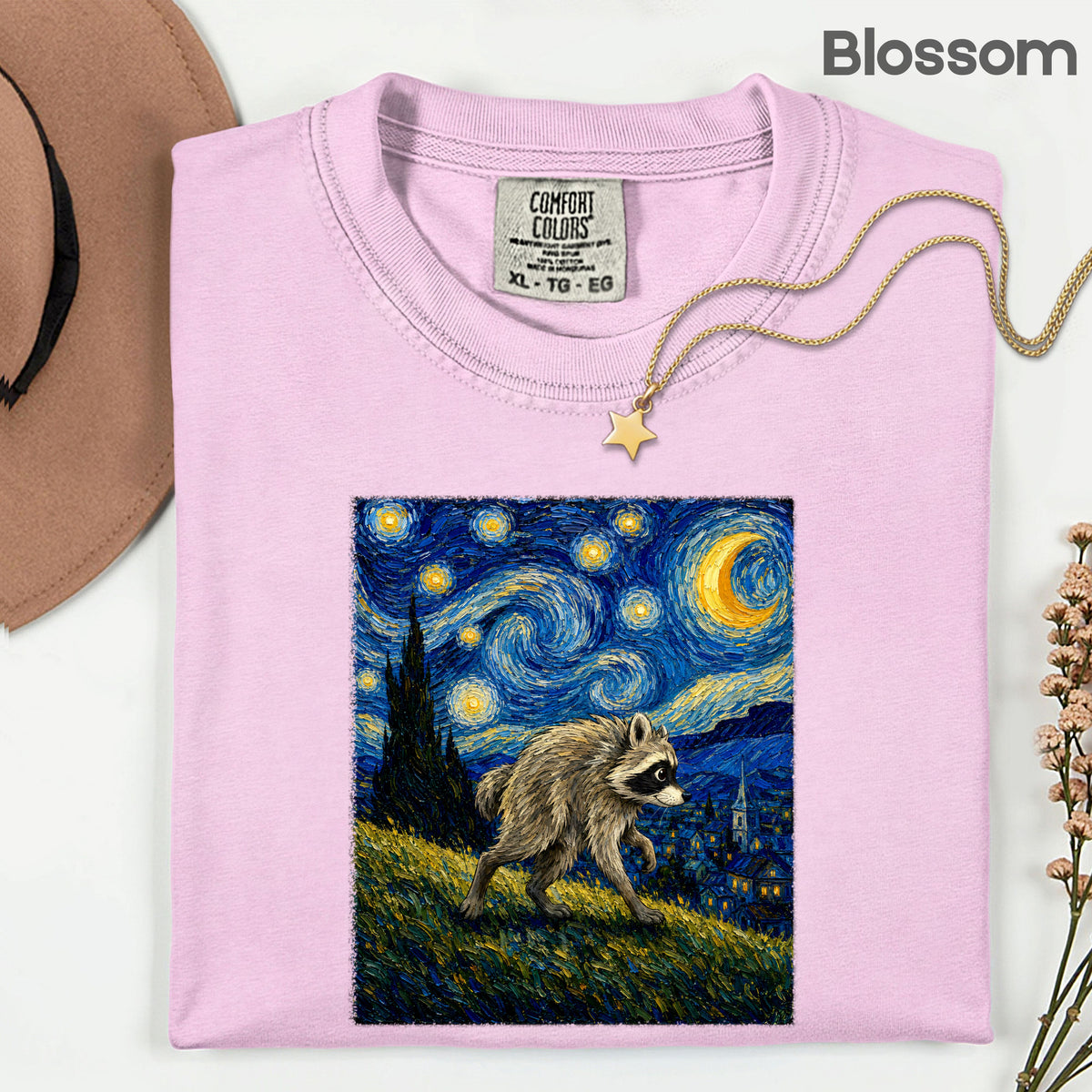 Starry Night Raccoon T-Shirt, Van Gogh Style Oil Painting Funny Wildlife Art Tee