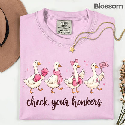 Check Your Honkers Ducks Breast Cancer Awareness T-Shirt, Pink Ribbon Boxing Gloves Geese Tee