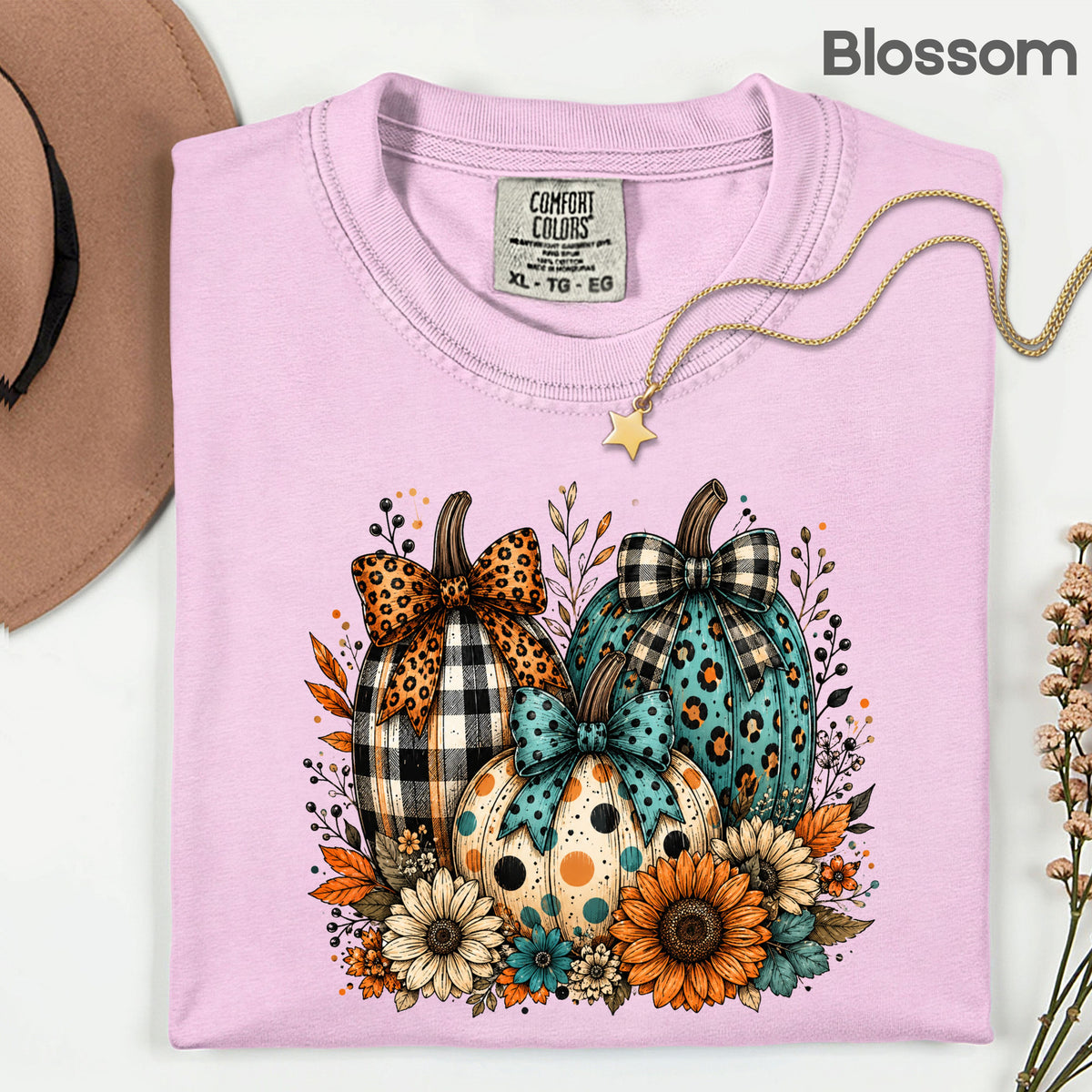 Fall Leopard Plaid Pumpkins T-Shirt, Teal Orange Floral Thanksgiving Tee