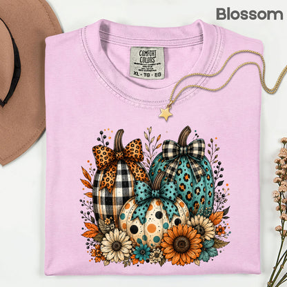 Fall Leopard Plaid Pumpkins T-Shirt, Teal Orange Floral Thanksgiving Tee