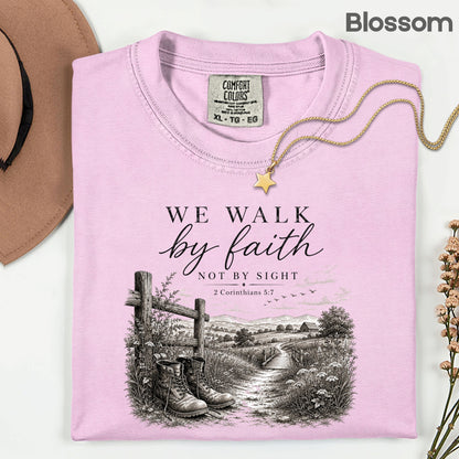 We Walk by Faith Not by Sight Christian T-Shirt, 2 Corinthians 5:7 Boots Country Road Tee