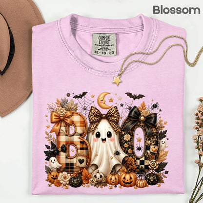 Halloween Boo Ghost T-Shirt, Cute Bows Orange Plaid Leopard Spooky Season Comfort Color Tee
