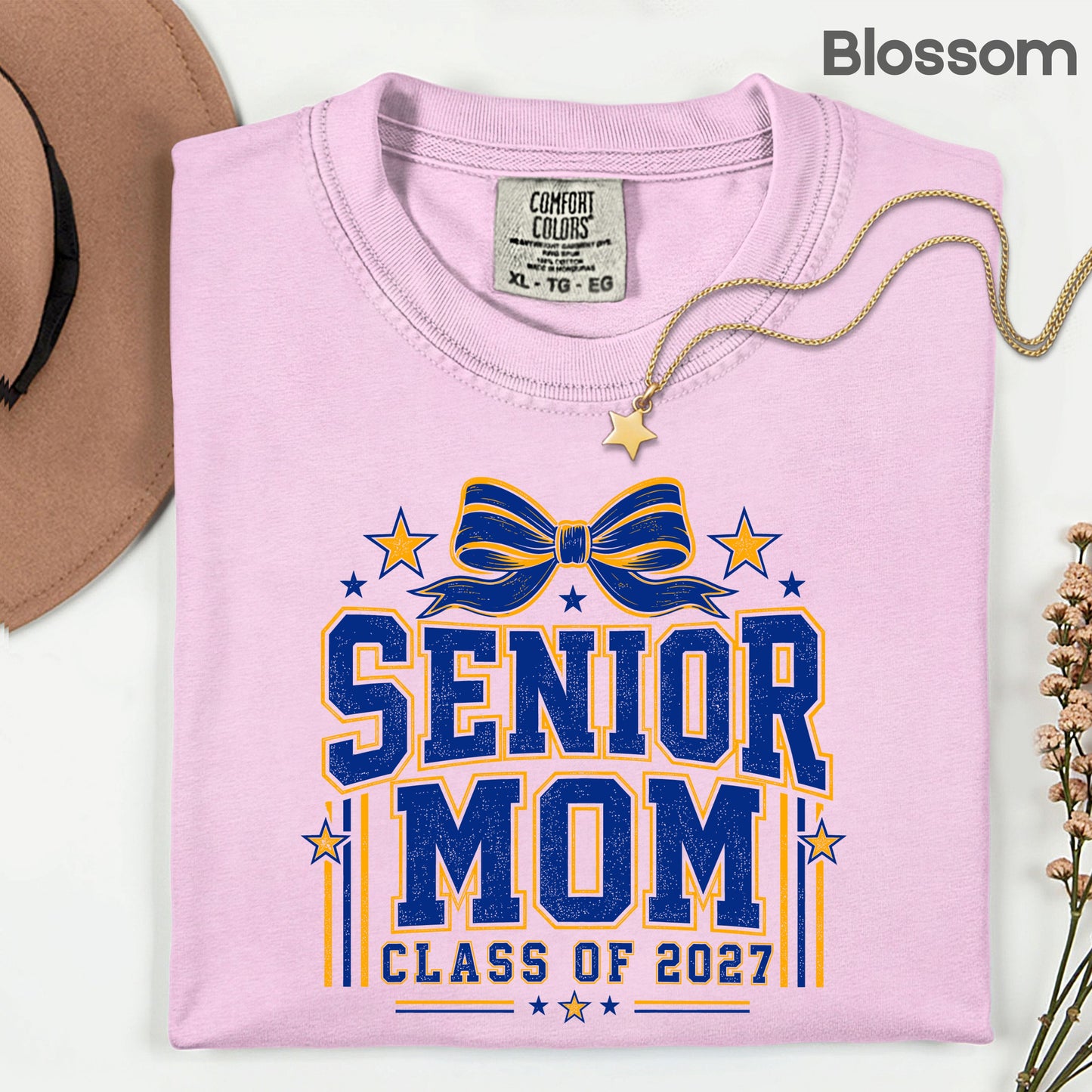 Senior Mom 2027 Royal Blue Yellow Cheer Bow T-Shirt, Varsity Graduation Mother Tee