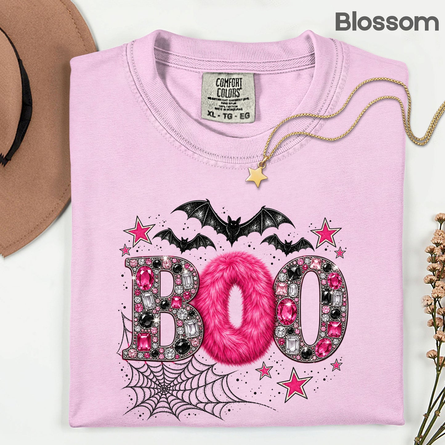 Boo Pink Glitter Bats Halloween T-Shirt, Spider Web Sparkle Comfort Color Tee