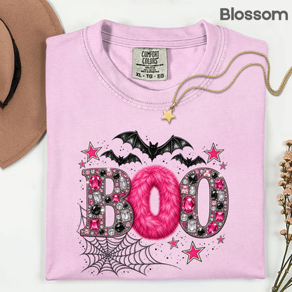 Boo Pink Glitter Bats Halloween T-Shirt, Spider Web Sparkle Comfort Color Tee