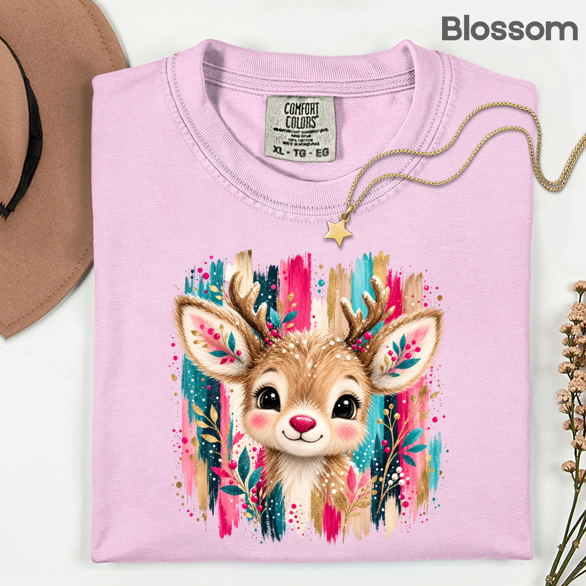 Cute Christmas Reindeer Floral Antlers T-Shirt, Pink Teal Gold Holiday Tee