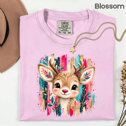 Cute Christmas Reindeer Floral Antlers T-Shirt, Pink Teal Gold Holiday Tee