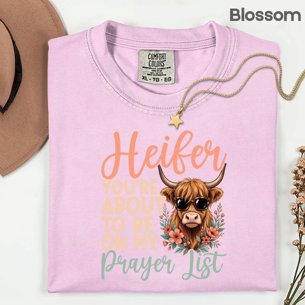 Sassy Highland Cow Prayer List T-Shirt, Sunglasses Floral Country Western Tee