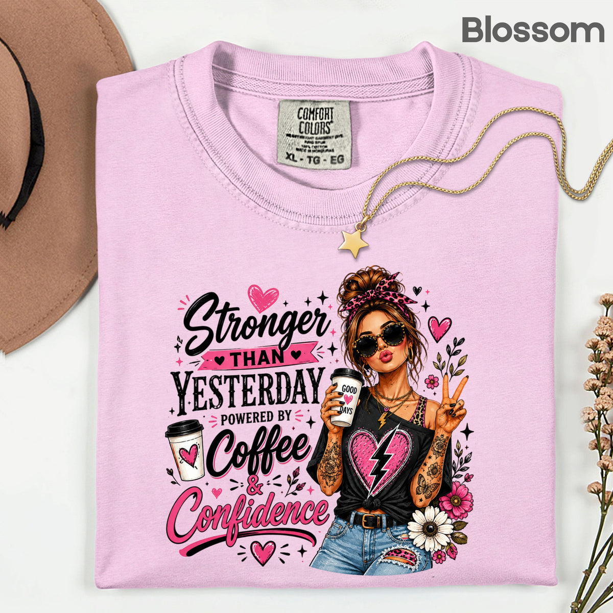 Stronger Than Yesterday Messy Bun Coffee Girl T-Shirt, Pink Hearts Inspirational Tee