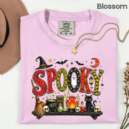 Halloween Witch Shelf Black Cat T-Shirt, Crystal Ball Cauldron Potion Skull Spooky Tee