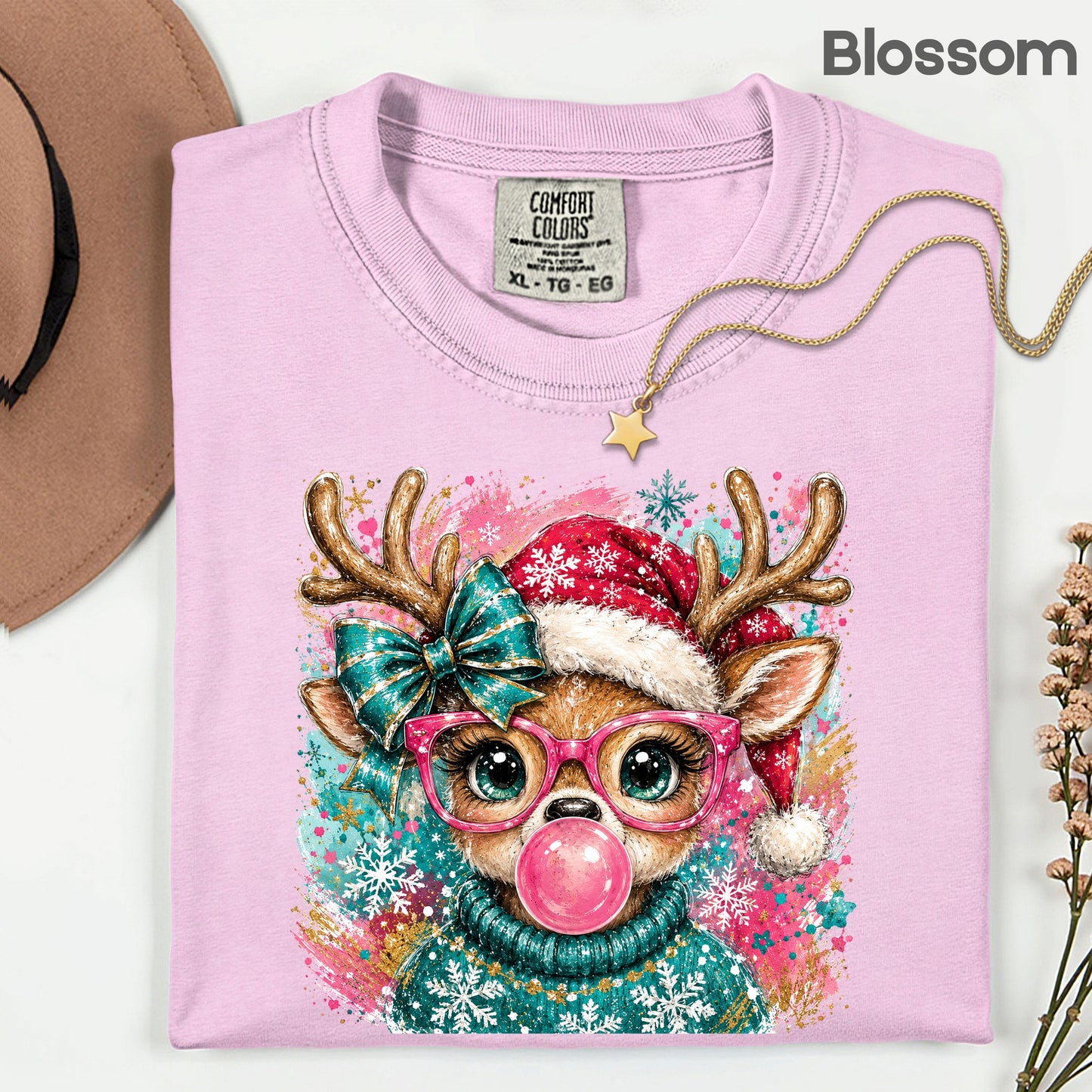 Christmas Reindeer Pink Glasses T-Shirt, Bubblegum Deer Santa Hat Cute Comfort Color Tee
