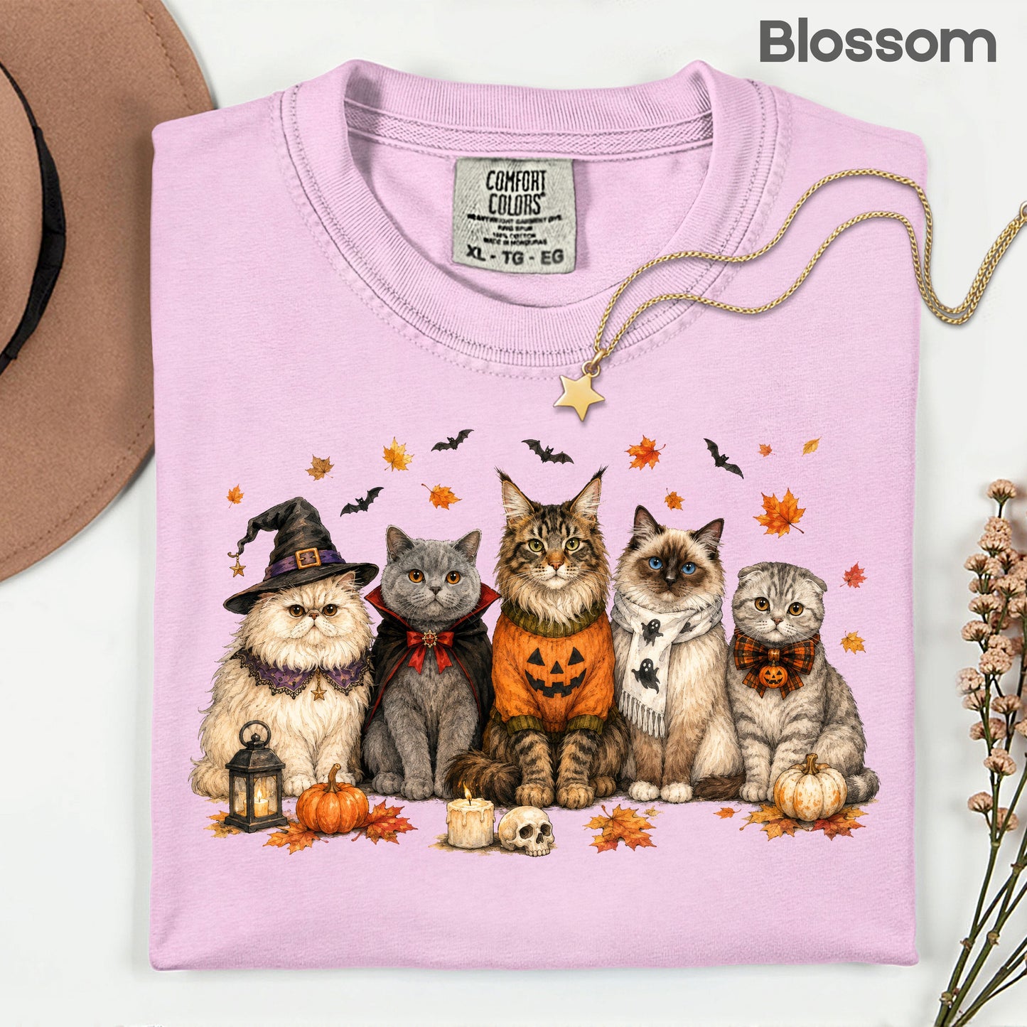 Halloween Cats Comfort Colors T Shirts Cute Witchy Kitty Sweater Tee Spooky Pumpkin Vampire Cat Shirt Autumn Fall Leaves Graphic Gifts