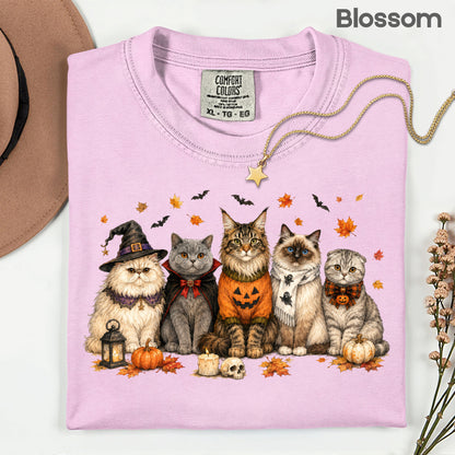 Halloween Cats Comfort Colors T Shirts Cute Witchy Kitty Sweater Tee Spooky Pumpkin Vampire Cat Shirt Autumn Fall Leaves Graphic Gifts