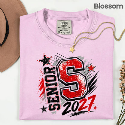 Senior 2027 Class of 2027 T-Shirt, Red Black Distressed Letter Graduation Tee