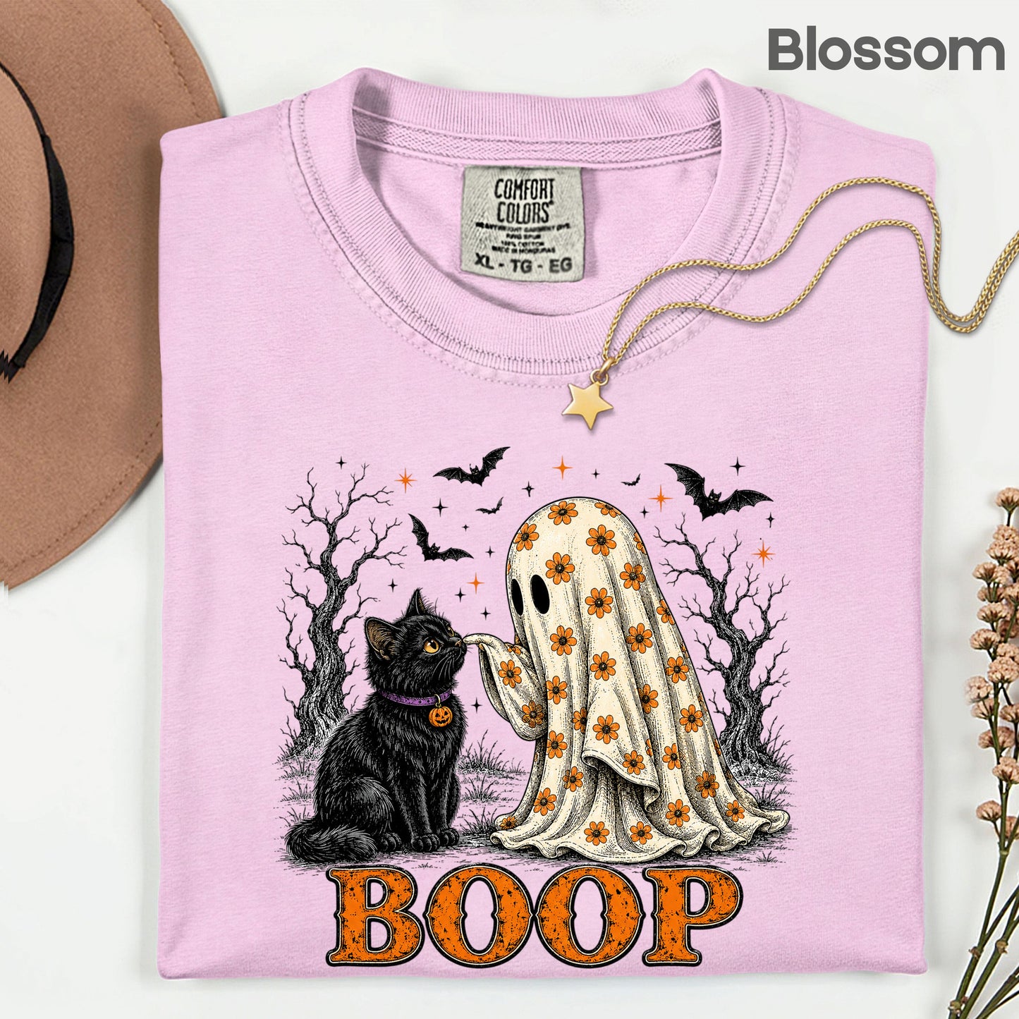 Halloween Ghost Boop Black Cat T-Shirt, Spooky Season Ghost Tee
