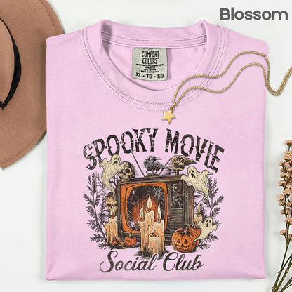 Spooky Movie Social Club Vintage Horror T-Shirt, Ghosts Pumpkin Candles Halloween Tee