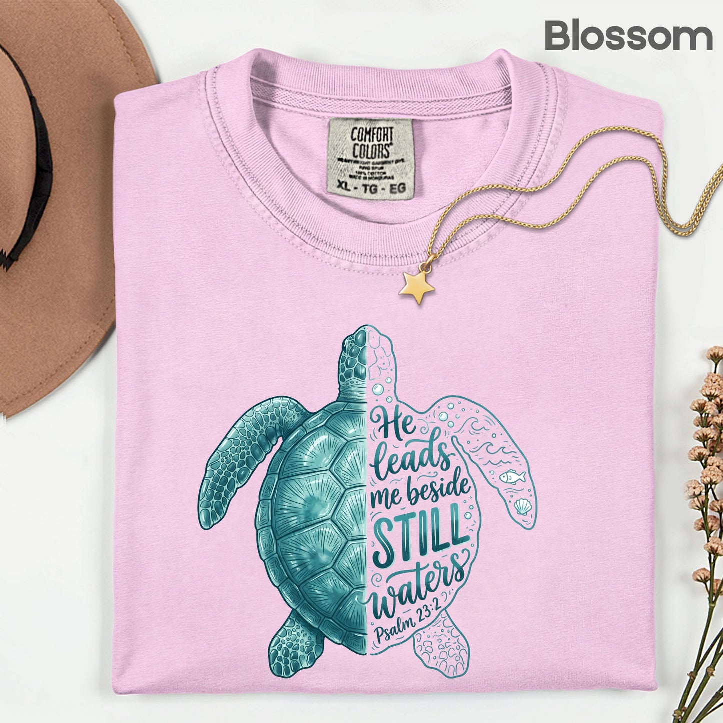 Christian Sea Turtle Psalm 23 T-Shirt, He Leads Me Beside Still Waters Faith Tee