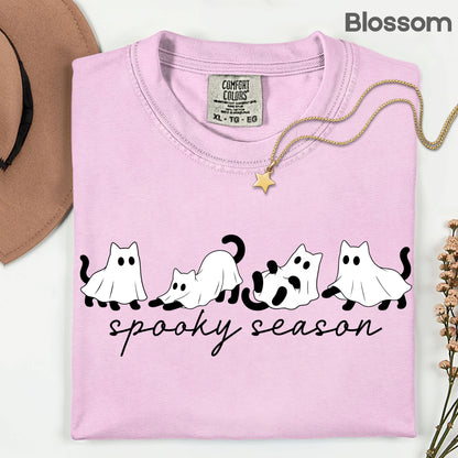 Spooky Season Ghost Cats Halloween T-Shirt, Black Cats Ghost Line Art Minimalist Tee