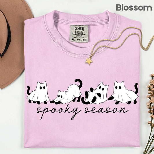 Spooky Season Ghost Cats Halloween T-Shirt, Black Cats Ghost Line Art Minimalist Tee