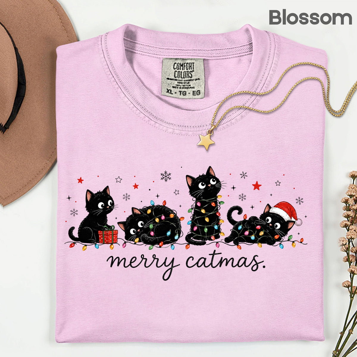 Merry Catmas Black Cats Christmas T-Shirt, Christmas Lights Black Kittens Cat Lover Tee
