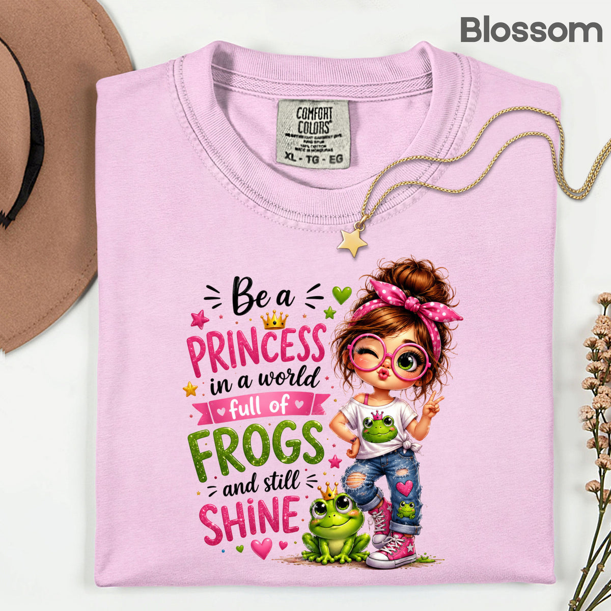 Be a Princess Frog Girl T-Shirt, Cute Messy Bun Pink Green Quote Tee