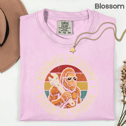 Funny Bigfoot Knower of Stuff Fixer of Things T-Shirt, Retro Sasquatch Wrench Sunglasses Dad Handyman Tee