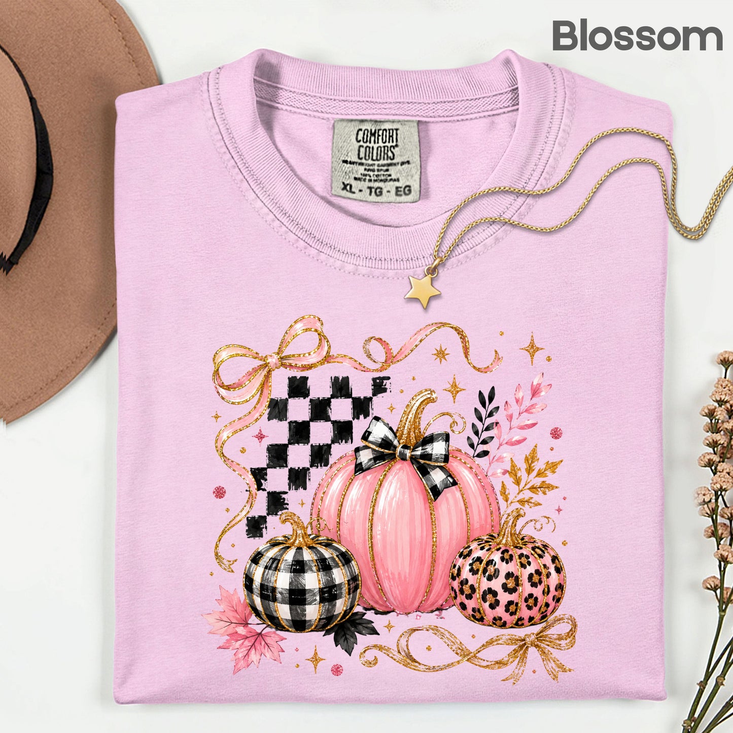 Pink Coquette Fall Pumpkin T-Shirt, Leopard Plaid Ribbon Bow Checkered Autumn Tee