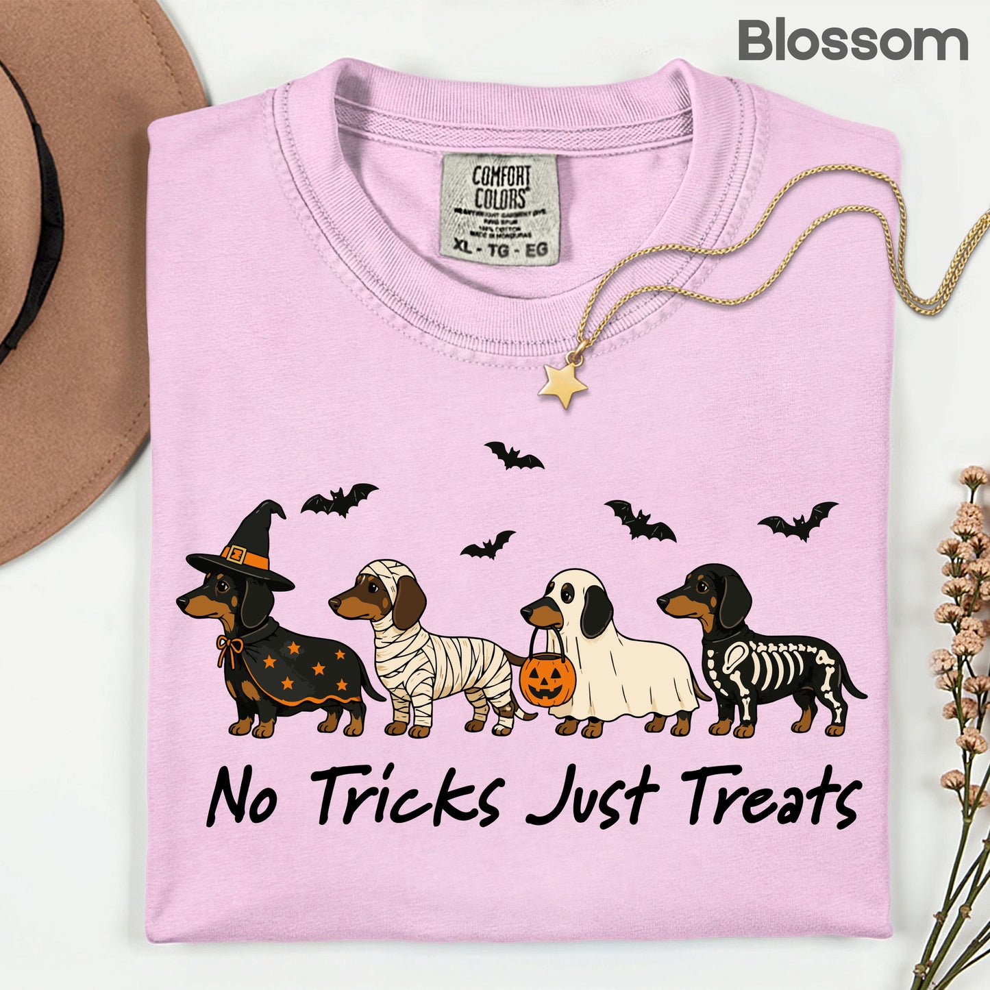 Dachshund Halloween Comfort Colors T Shirts No Tricks Just Treats Costume Tee Cute Ghost Mummy Witch Skeleton Dog Shirt Spooky Wiener Dog Hoodie