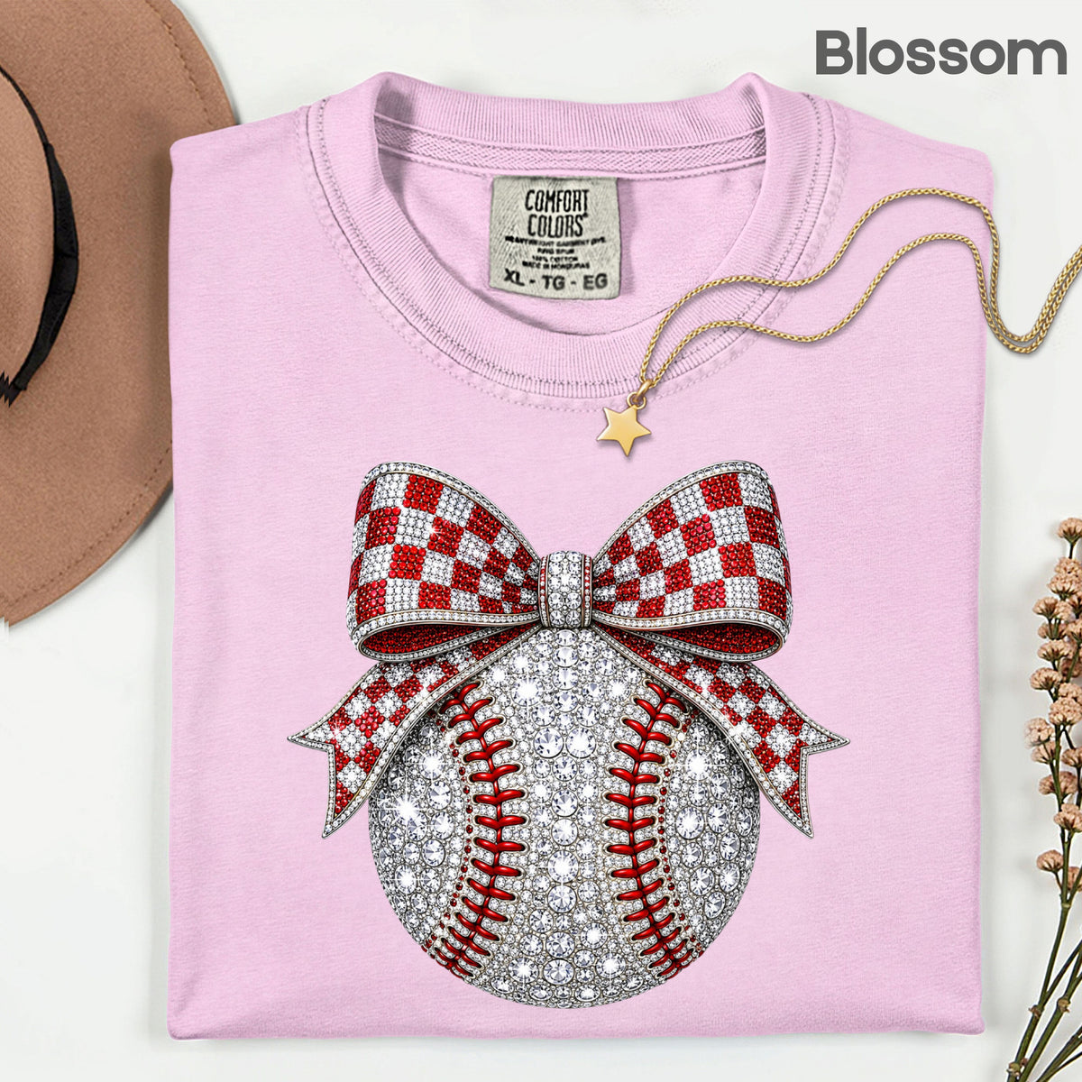 Coquette Baseball Sparkle T-Shirt, Red Checkered Bow Sports Mom Girl Tee