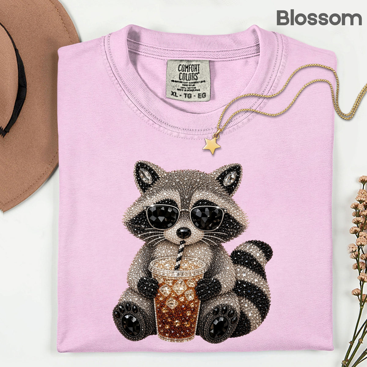 Cool Raccoon Iced Coffee T-Shirt, Sunglasses Trash Panda Rhinestone Tee Sweatshirt
