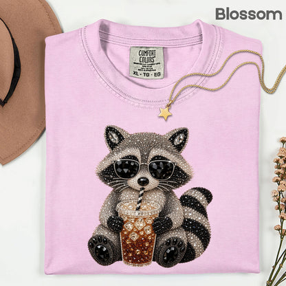 Cool Raccoon Iced Coffee T-Shirt, Sunglasses Trash Panda Rhinestone Tee Sweatshirt
