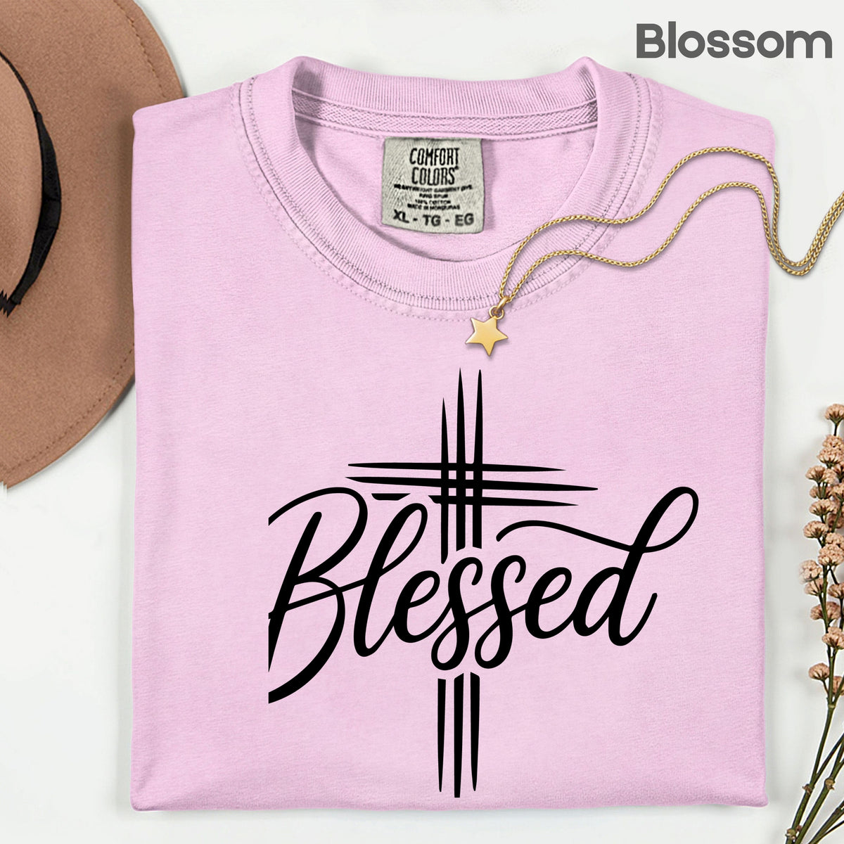 Blessed Cross Christian T-Shirt, Script Cursive Faith Minimalist Religious Tee Sweatshirt
