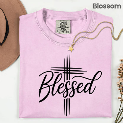 Blessed Cross Christian T-Shirt, Script Cursive Faith Minimalist Religious Tee Sweatshirt