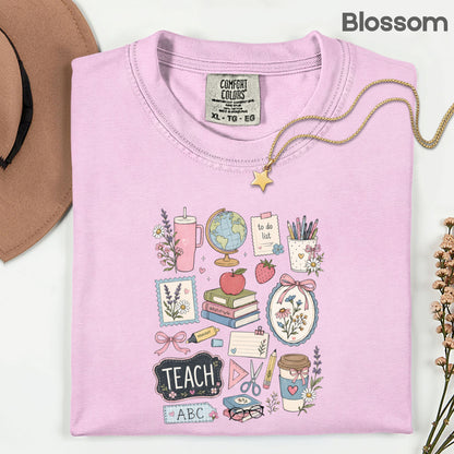 Cute Teacher Supplies Coquette T-Shirt, Books Coffee Globe Pink Bows Back to School Tee