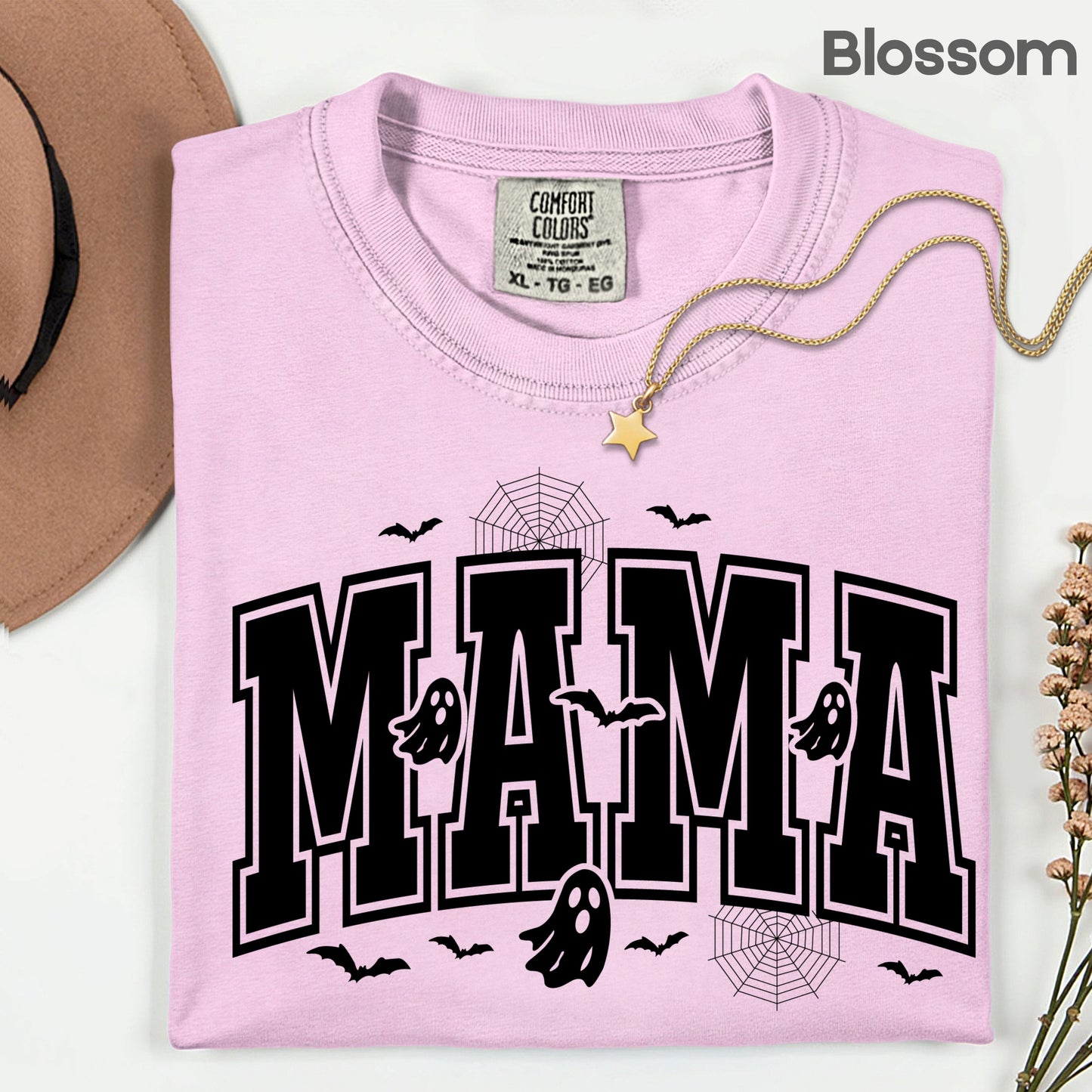 Mama Halloween Spooky Ghost Bats T-Shirt, Varsity Cute Mom Tee