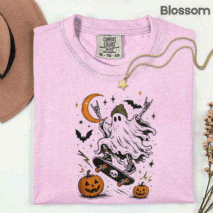 Halloween Skater Ghost Rock On T-Shirt, Skateboarding Skeleton Crescent Moon Pumpkins Bats Tee