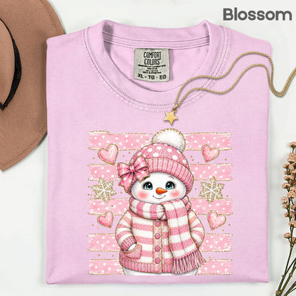 Cute Pink Snowgirl Winter T-Shirt, Snowman Beanie Bow Pink Stripes Hearts Tee