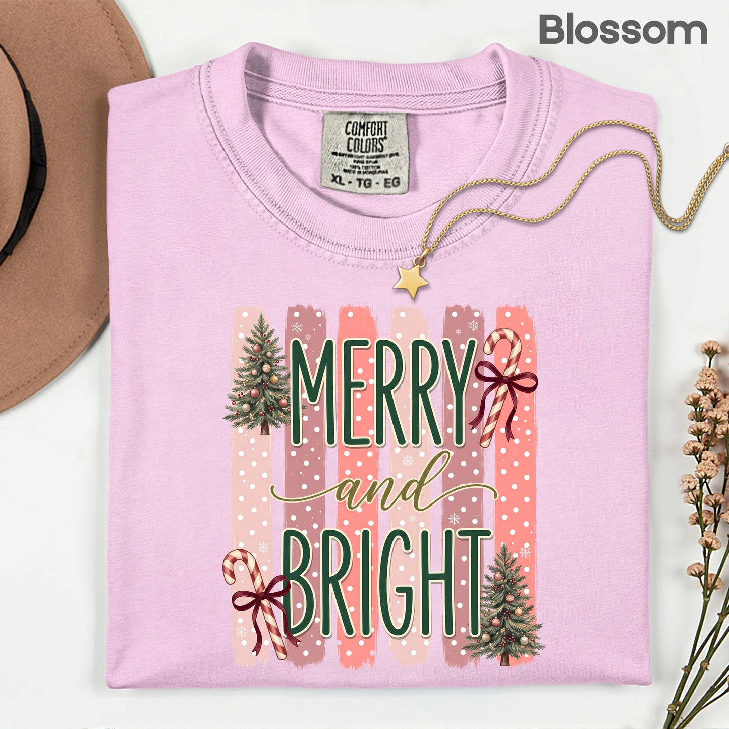 Merry and Bright Comfort Colors T Shirts Cute Christmas Tree Tees Pink Candy Cane Shirt Festive Holiday Winter Graphic Hoodie
