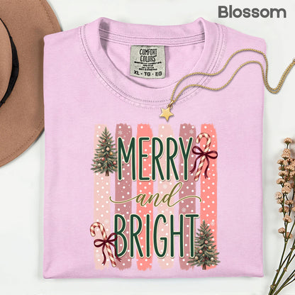 Merry and Bright Comfort Colors T Shirts Cute Christmas Tree Tees Pink Candy Cane Shirt Festive Holiday Winter Graphic Hoodie