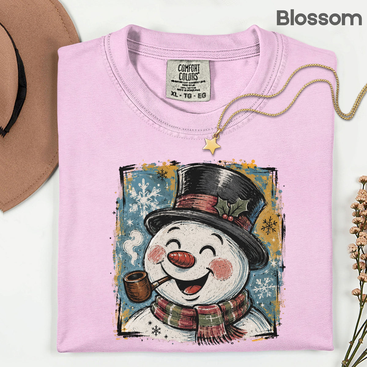 Vintage Snowman Christmas T-Shirt, Top Hat Pipe Snowflakes Scarf Comfort Color Tee