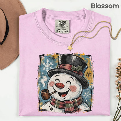 Vintage Snowman Christmas T-Shirt, Top Hat Pipe Snowflakes Scarf Comfort Color Tee