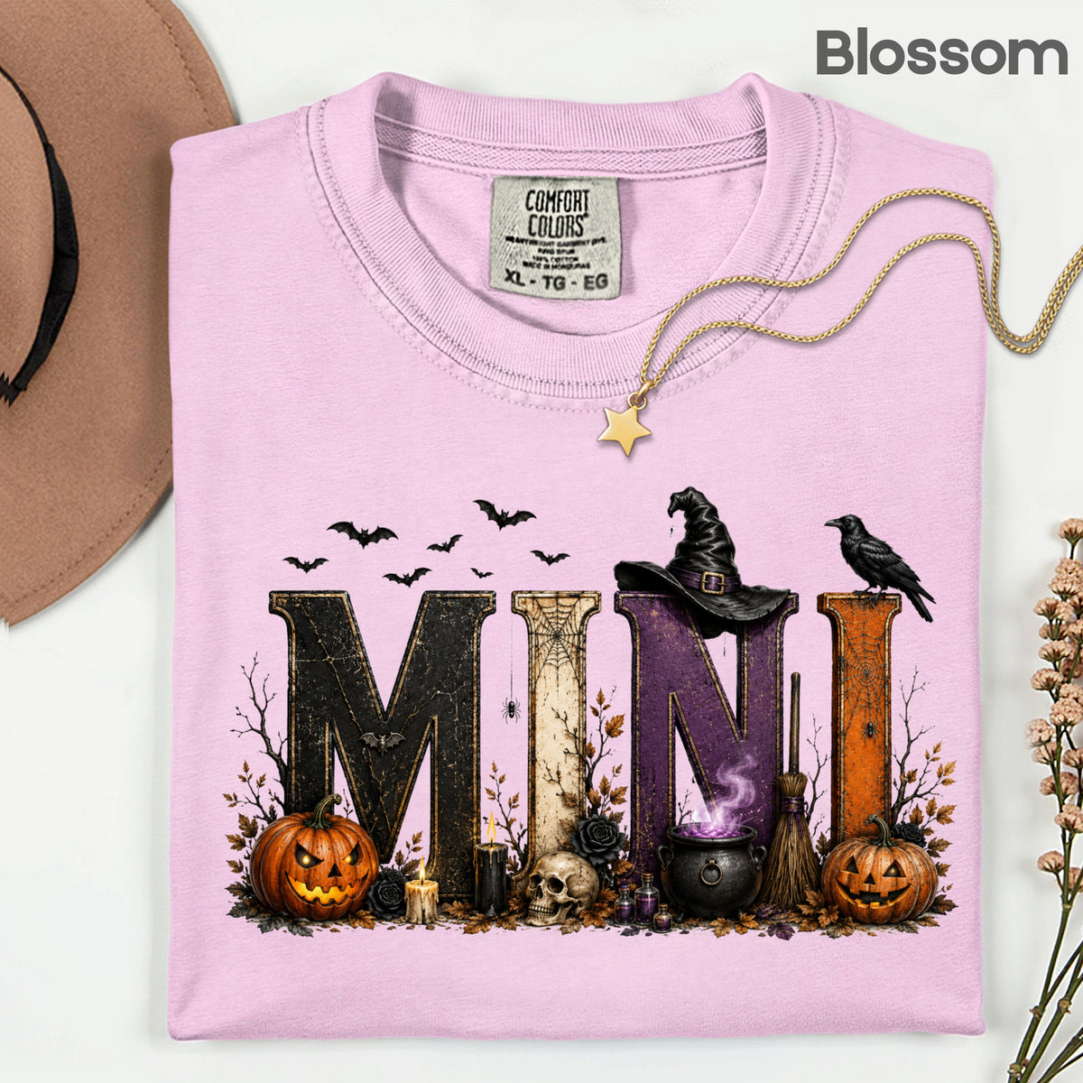 Mini Halloween Witch Hat Cauldron Pumpkin Kids T-Shirt, Spooky Season Tee