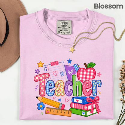 Teacher Apple Books Pencil T-Shirt, Colorful School Supplies Back to School Comfort Color Tee
