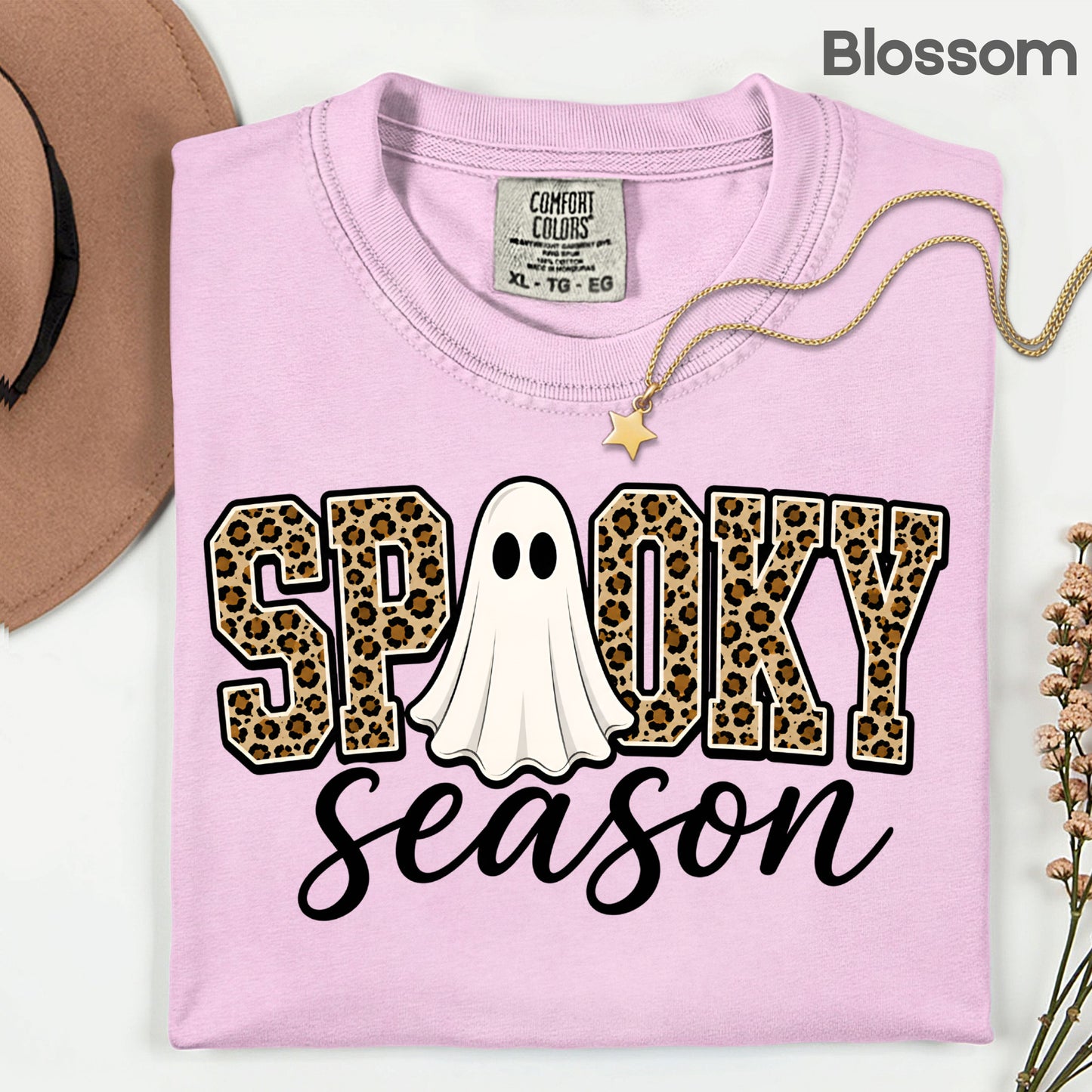Halloween Spooky Season Ghost T-Shirt, Leopard Print Cheetah Varsity Letters Tee
