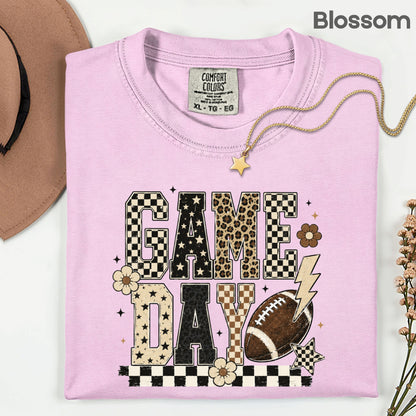 Game Day Leopard Football T-Shirt, Checkered Lightning Bolt Retro Western Tee Sweatshirt