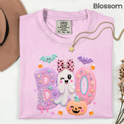 Pastel Cute Ghost Halloween Boo T-Shirt, Pink Purple Bow Pumpkin Candy Corn Girls Tee