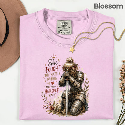 Inspirational Knight Girl She Fought the Battle Within T-Shirt, Female Warrior Sword Armor Tee