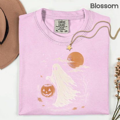 Vintage Halloween Ghost T-Shirt, Jack O Lantern Full Moon Sepia Neutral Tones Spooky Fall Tee