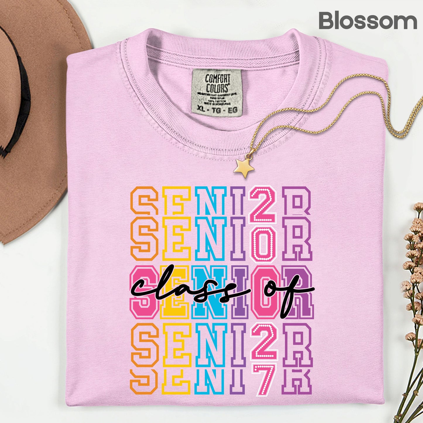 Senior Class of 2027 Colorful Retro T-Shirt, Stacked Varsity Letters Pastel Graduation Tee
