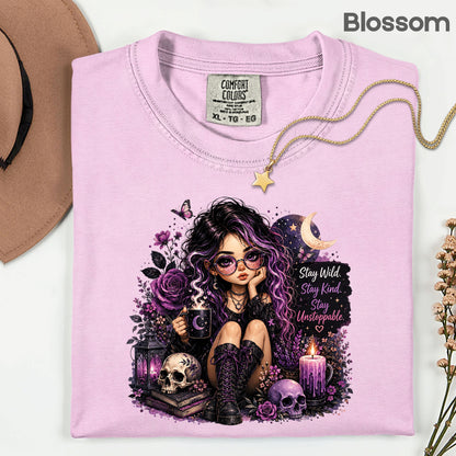 Stay Wild Stay Kind Goth Girl Skull T-Shirt, Purple Crescent Moon Witchy Tee